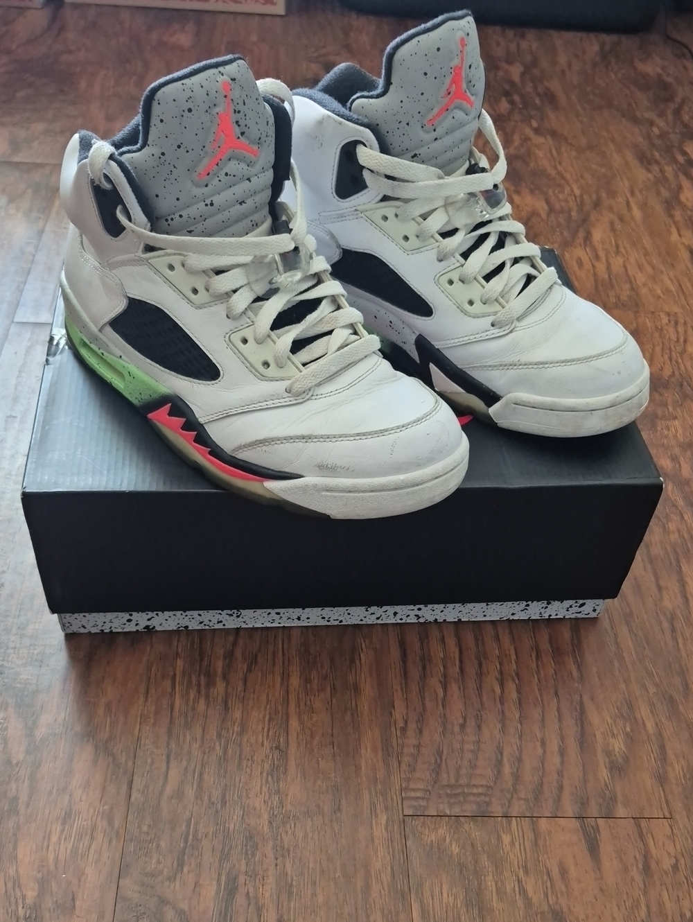 Jordan Mens' White/Black Sneakers with Neon Pink and Lime Accents